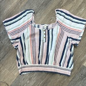 a.n.a Cropped Striped Button-Up Top in Pink, Navy & Cream